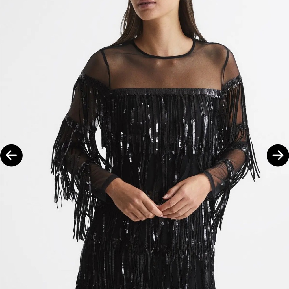 Reiss JOSEPHINE FRINGE SEQUIN SHEER MINI DRESS IN BLACK